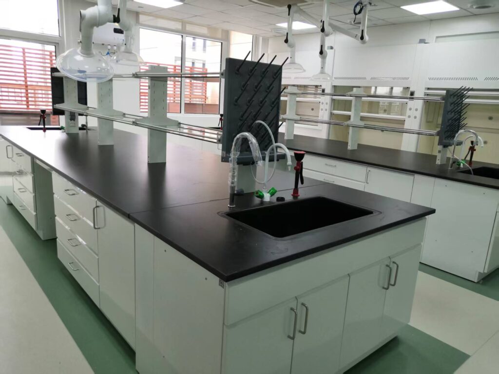 Real-site photo of all-steel central lab benches and fume hoods from completed laboratory project