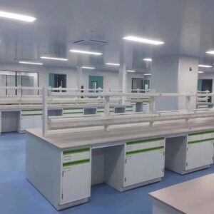 all steel laboratory island bench with two-layer reagent rack