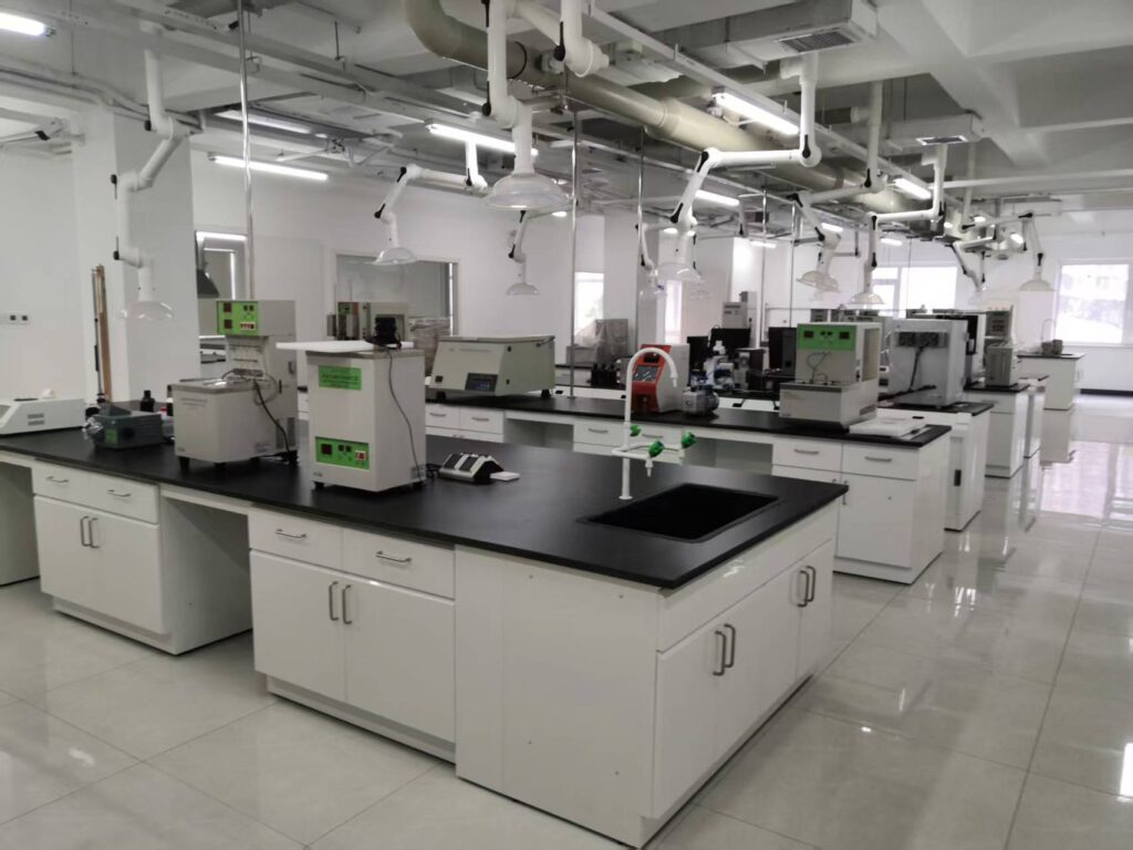 Completed laboratory engineering project with custom lab furniture fitted with stainless steel handles