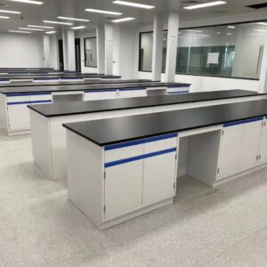 all steel lab instrument bench, laboratory instrument table with concealed power sockets, full steel lab equipment worktable