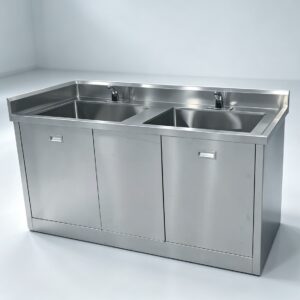 304 stainless‑steel double‑sink laboratory sink cabinet, dual touch‑free sensor faucets, multi‑door storage cabinet, lab glassware washing workbench for clean‑laboratory
