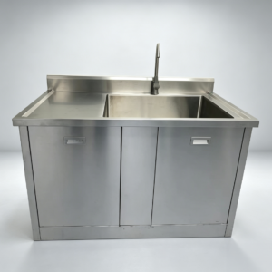 304 stainless steel single‑sink laboratory sink cabinet, integrated side drain board, storage cabinet doors, washing basin for testing laboratory
