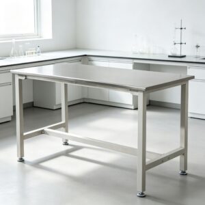 Simple stainless steel lab worktable with adjustable leveling feet for laboratory workspace