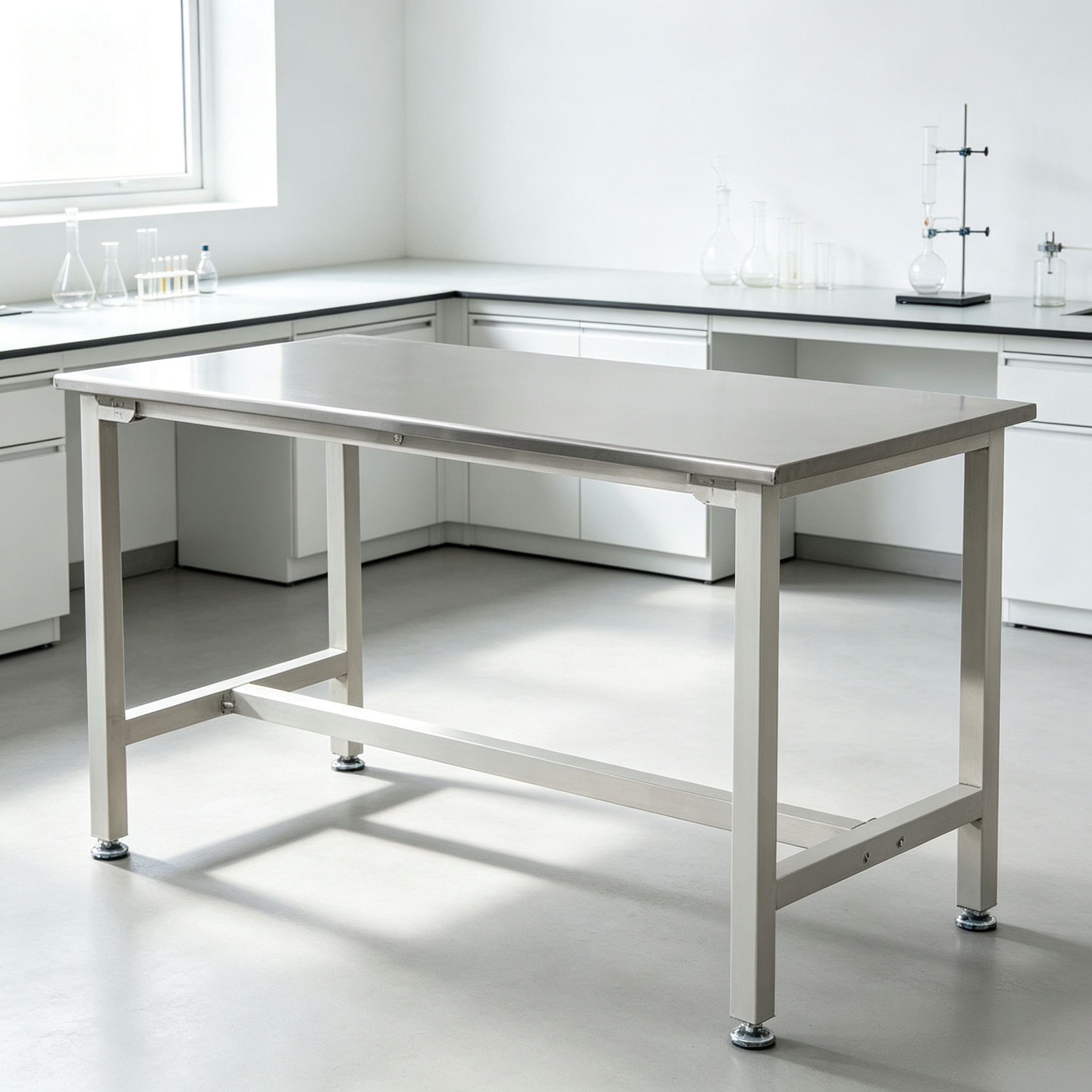 Simple stainless steel lab worktable with adjustable leveling feet for laboratory workspace