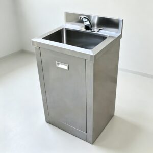 304 stainless‑steel compact vertical lab sink cabinet, touch‑free sensor faucet, storage cabinet door, sterile hand‑washing basin for clean laboratory