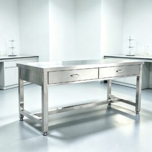 Open‑frame stainless steel lab worktable with two drawers for laboratory testing room