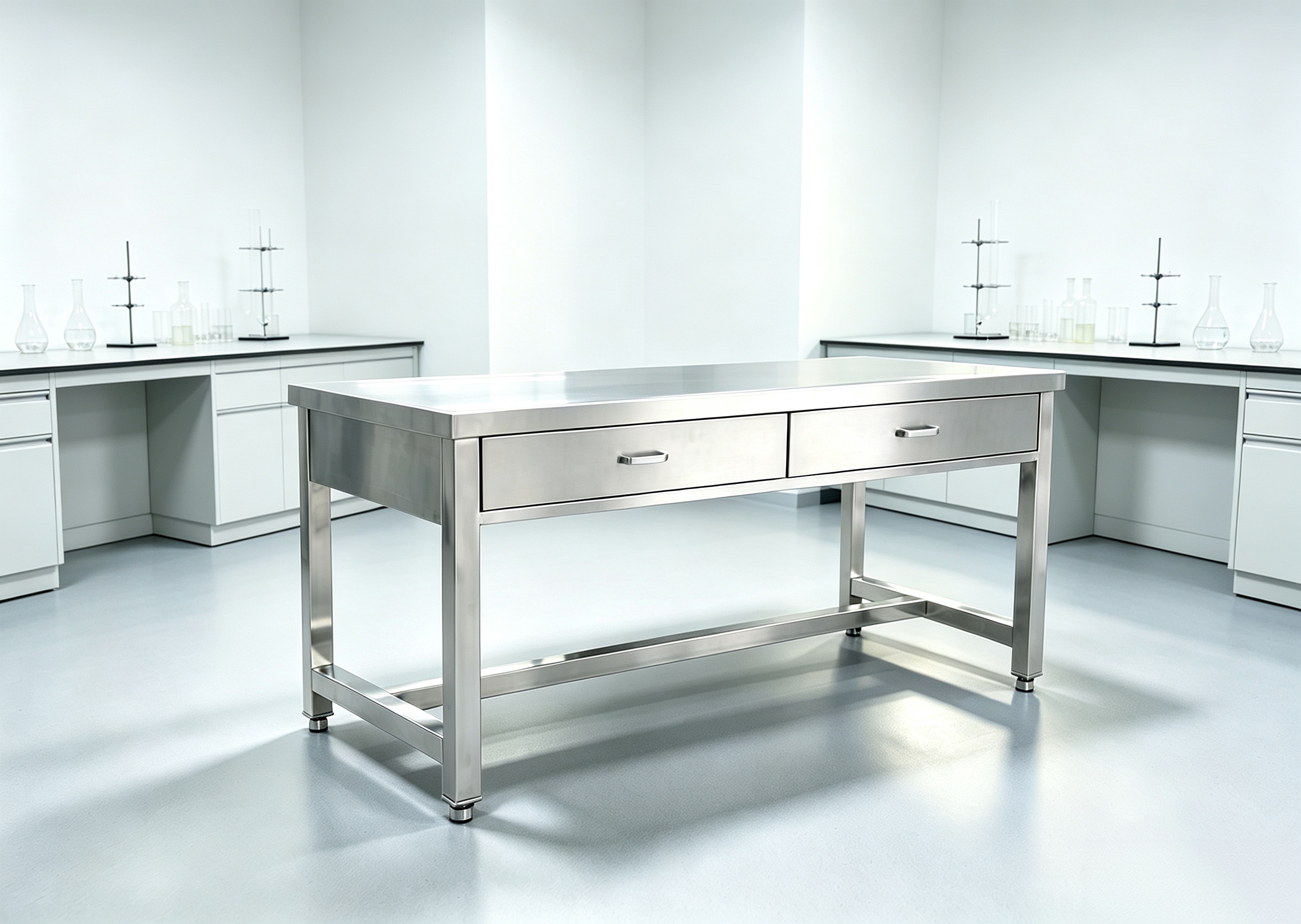 Open‑frame stainless steel lab worktable with two drawers for laboratory testing room
